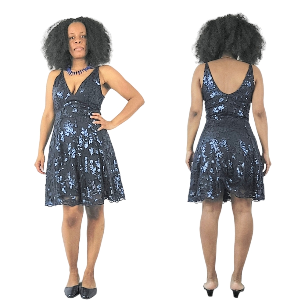 Dress the Population Blue Morgan Mini Sequin Flare Dress